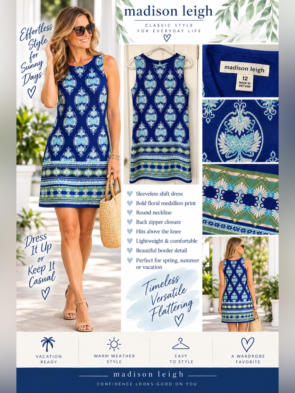 Madison Leigh Blue Medallion Print Sleeveless Shift Dress Size 12